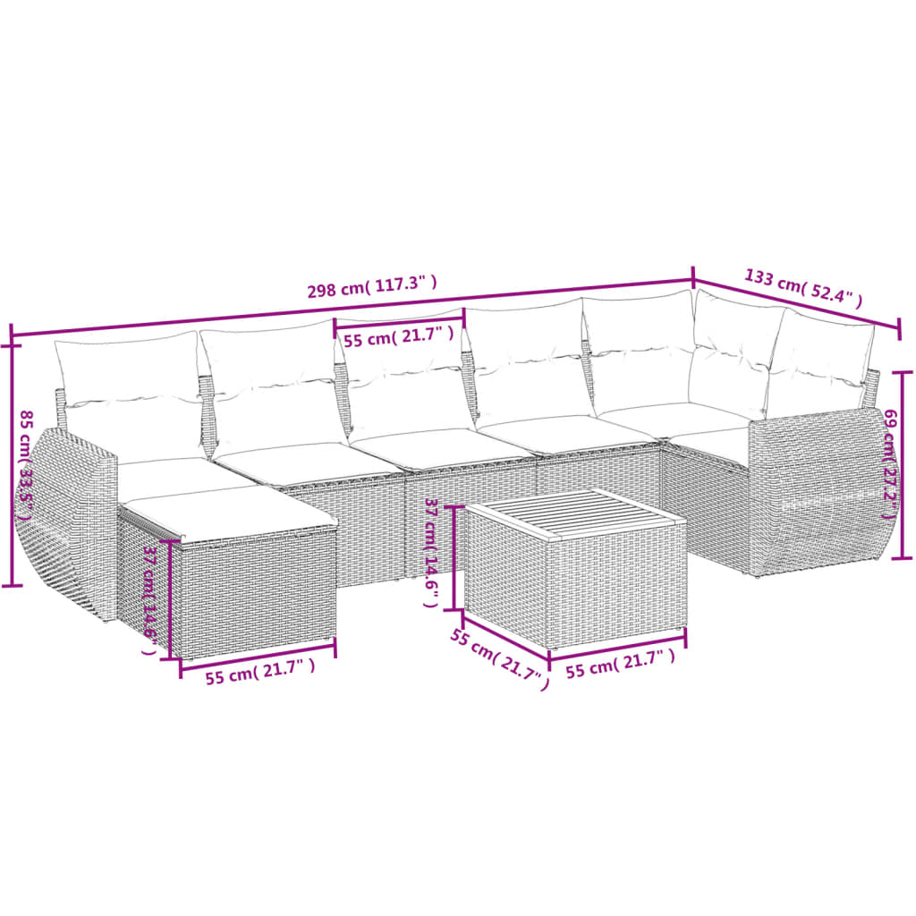 Ensemble de canapé de jardin 8 pcs avec coussins gris résine tressée