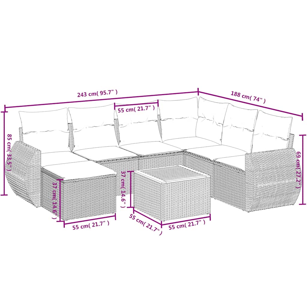 Ensemble de canapé de jardin 8 pcs avec coussins noir résine tressée