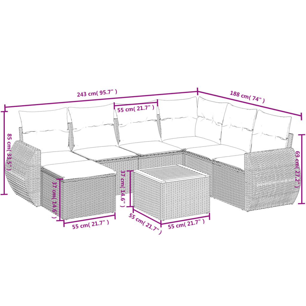 Ensemble de canapé de jardin 8 pcs avec coussins gris résine tressée