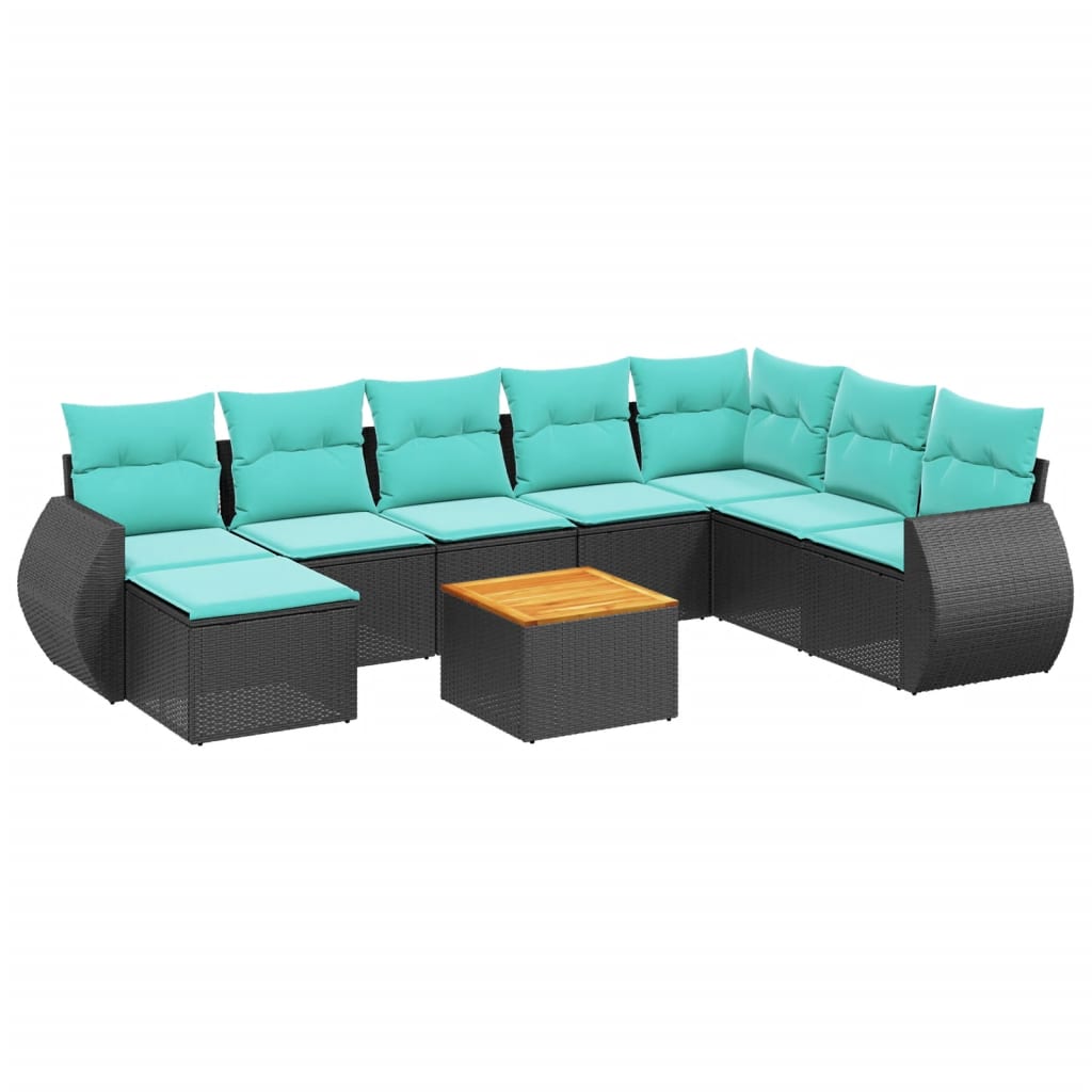 Ensemble de canapé de jardin 9 pcs avec coussins noir résine tressée