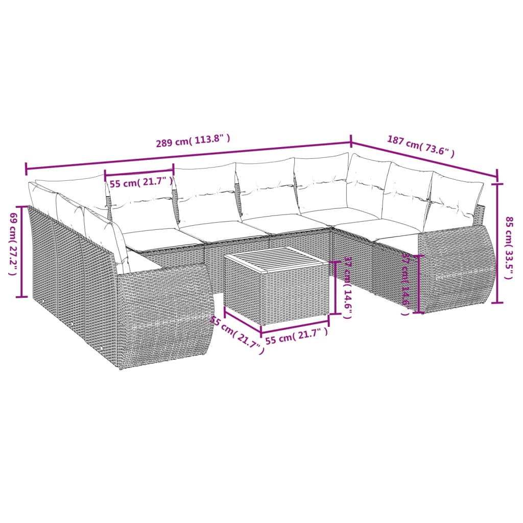 Ensemble de canapé de jardin 10 pcs avec coussins gris résine tressée