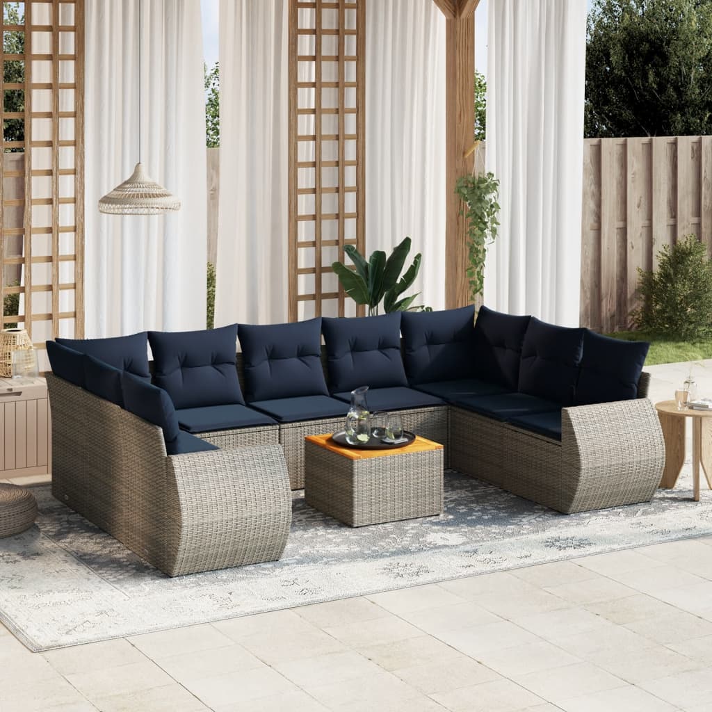 Ensemble de canapé de jardin 10 pcs avec coussins gris résine tressée