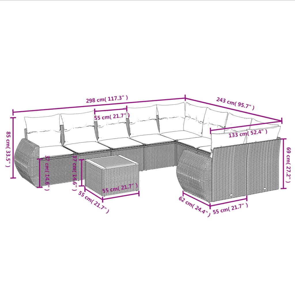 Ensemble de canapé de jardin 10 pcs avec coussins gris résine tressée