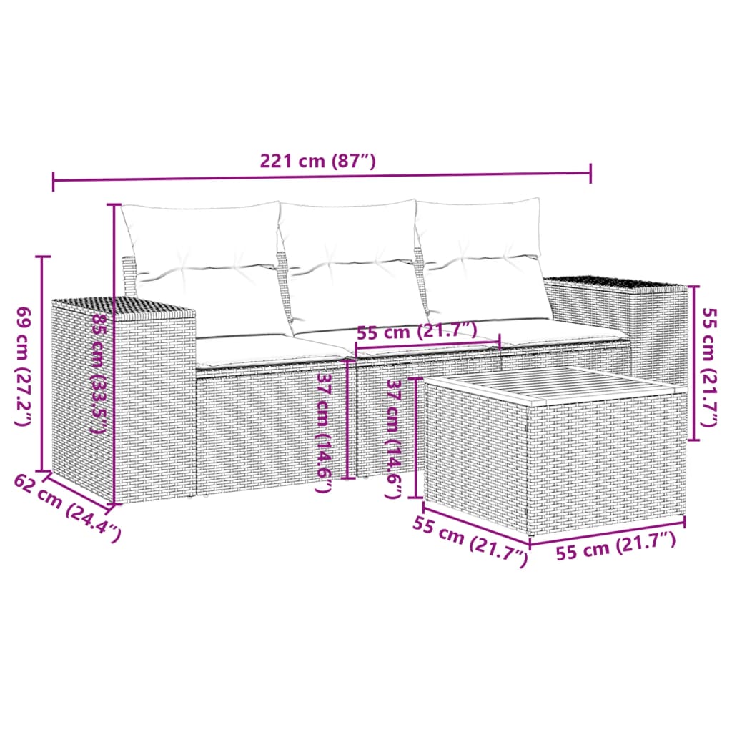 Salon de jardin 4 pcs avec coussins gris résine tressée