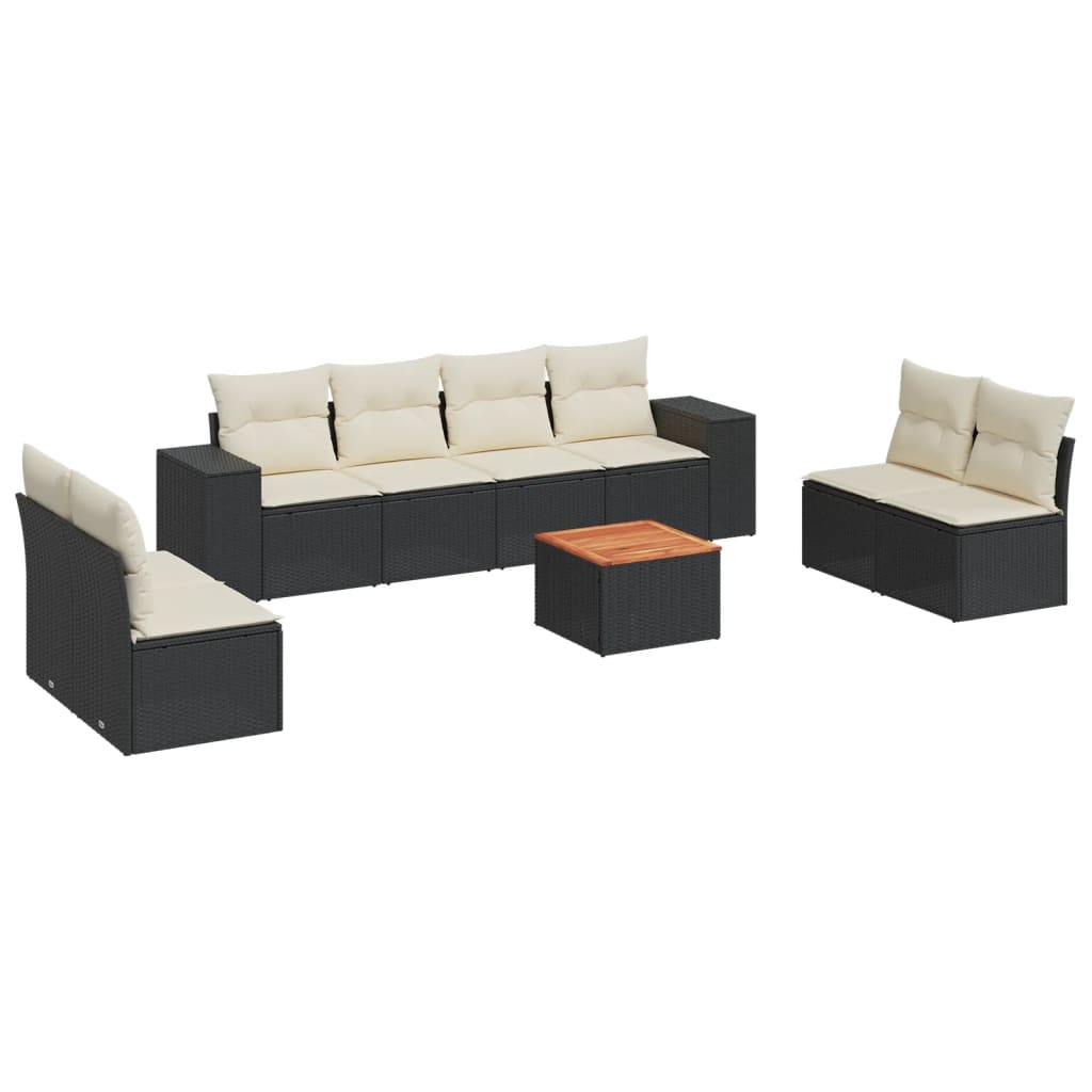 Salon de jardin 9 pcs avec coussins noir résine tressée
