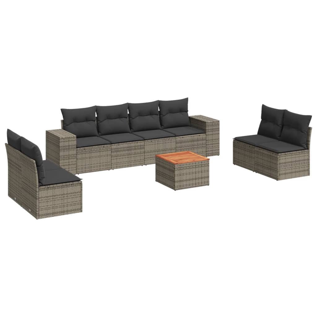 Salon de jardin 9 pcs avec coussins gris résine tressée