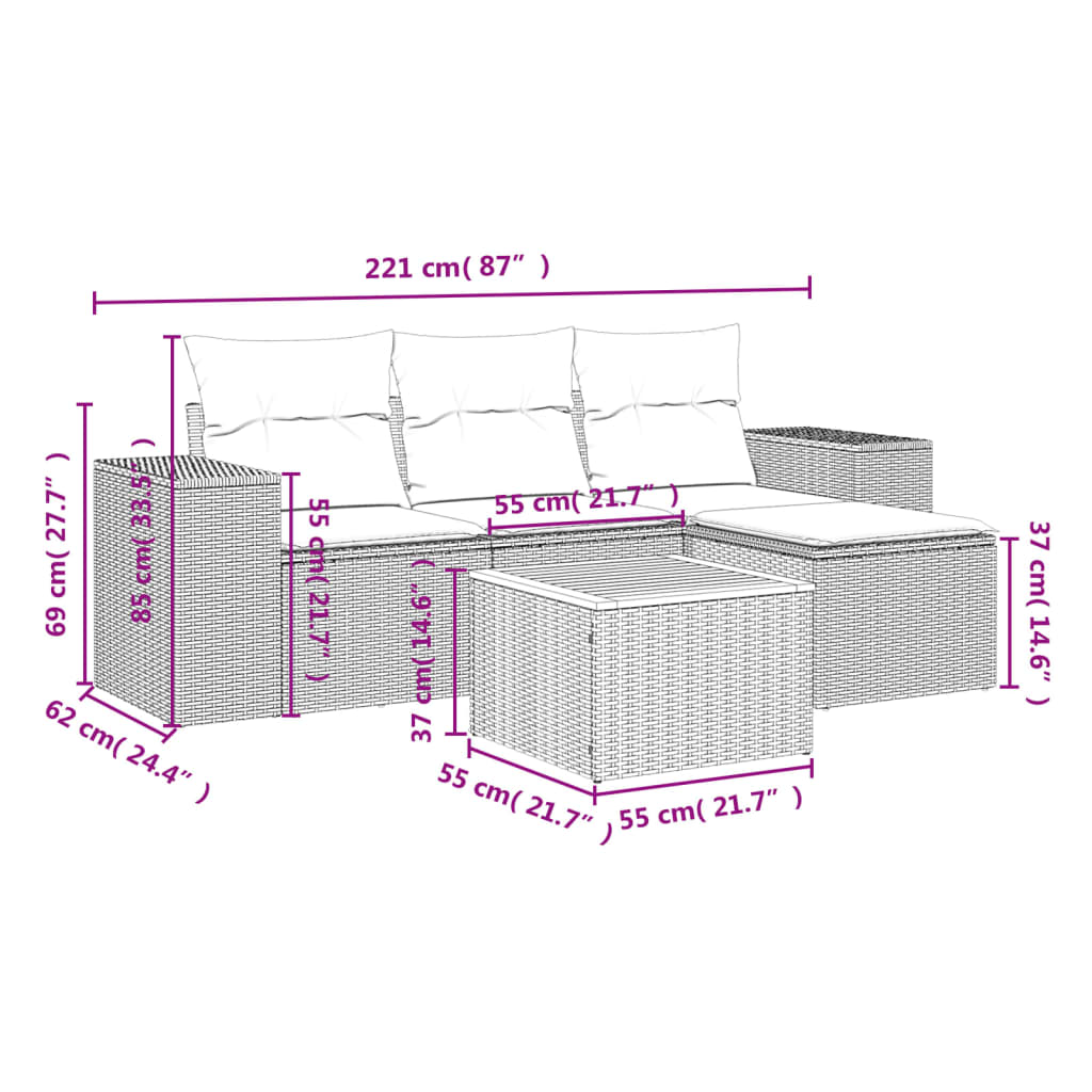 Salon de jardin 5 pcs avec coussins gris résine tressée