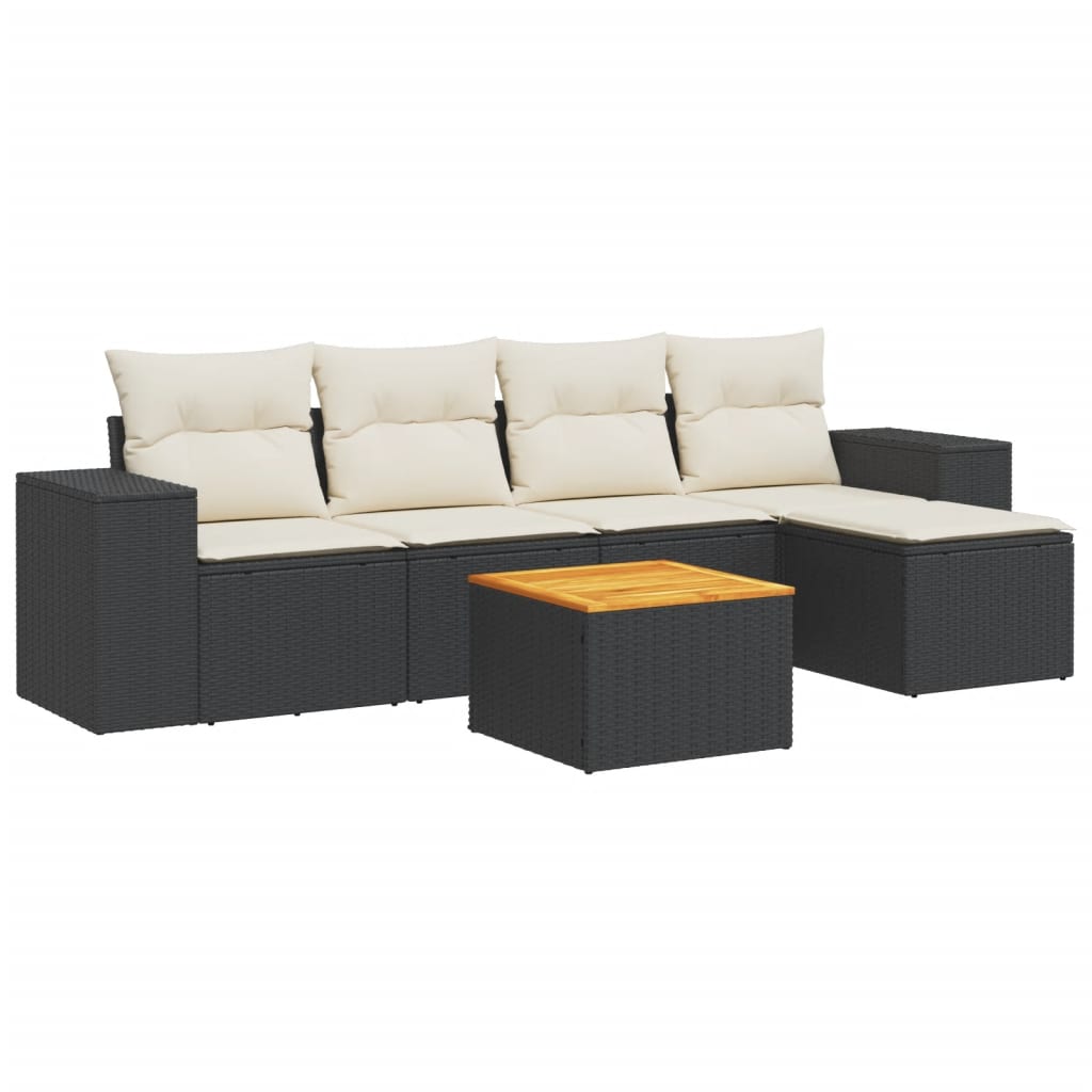 Salon de jardin 6 pcs avec coussins noir résine tressée