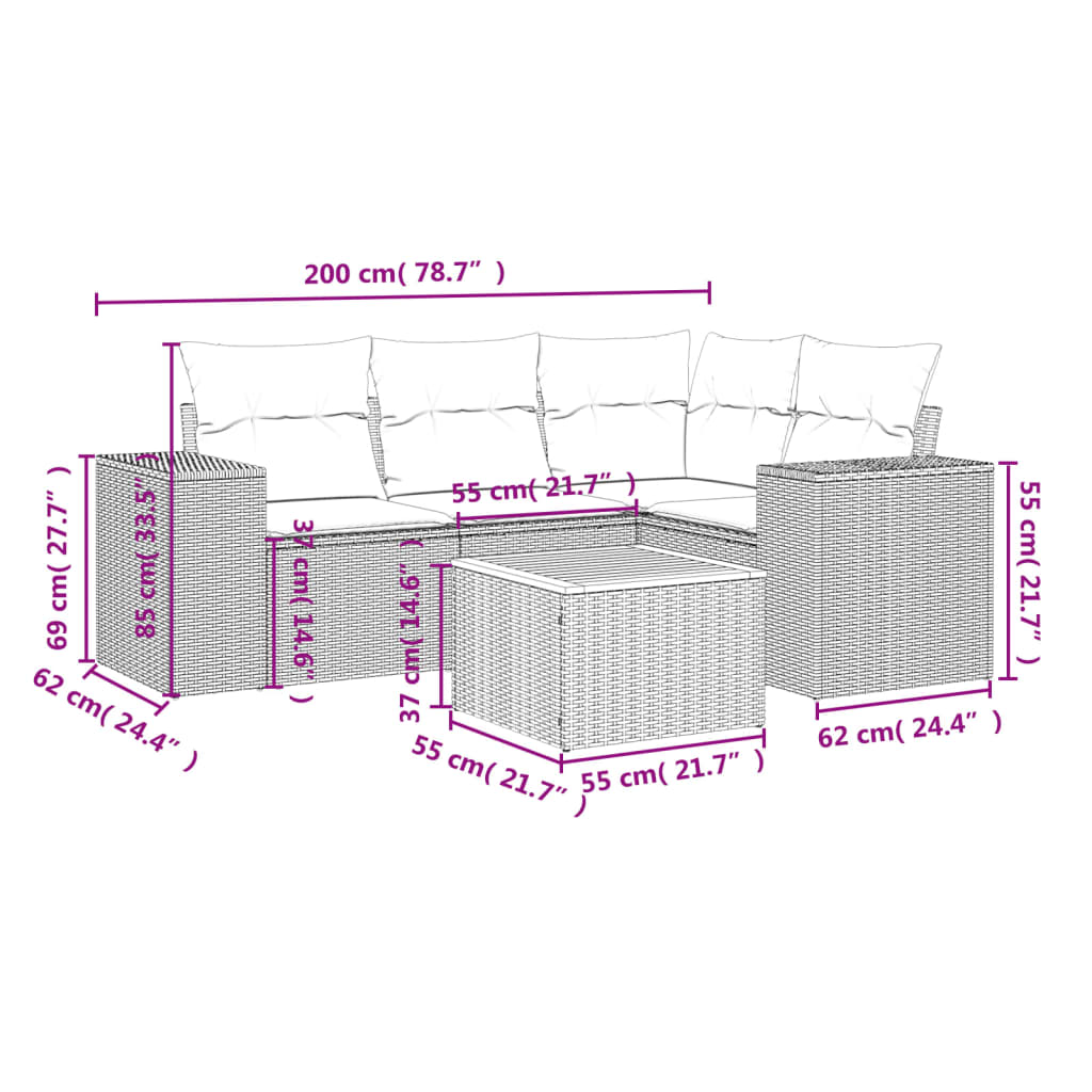 Salon de jardin avec coussins 5 pcs beige résine tressée