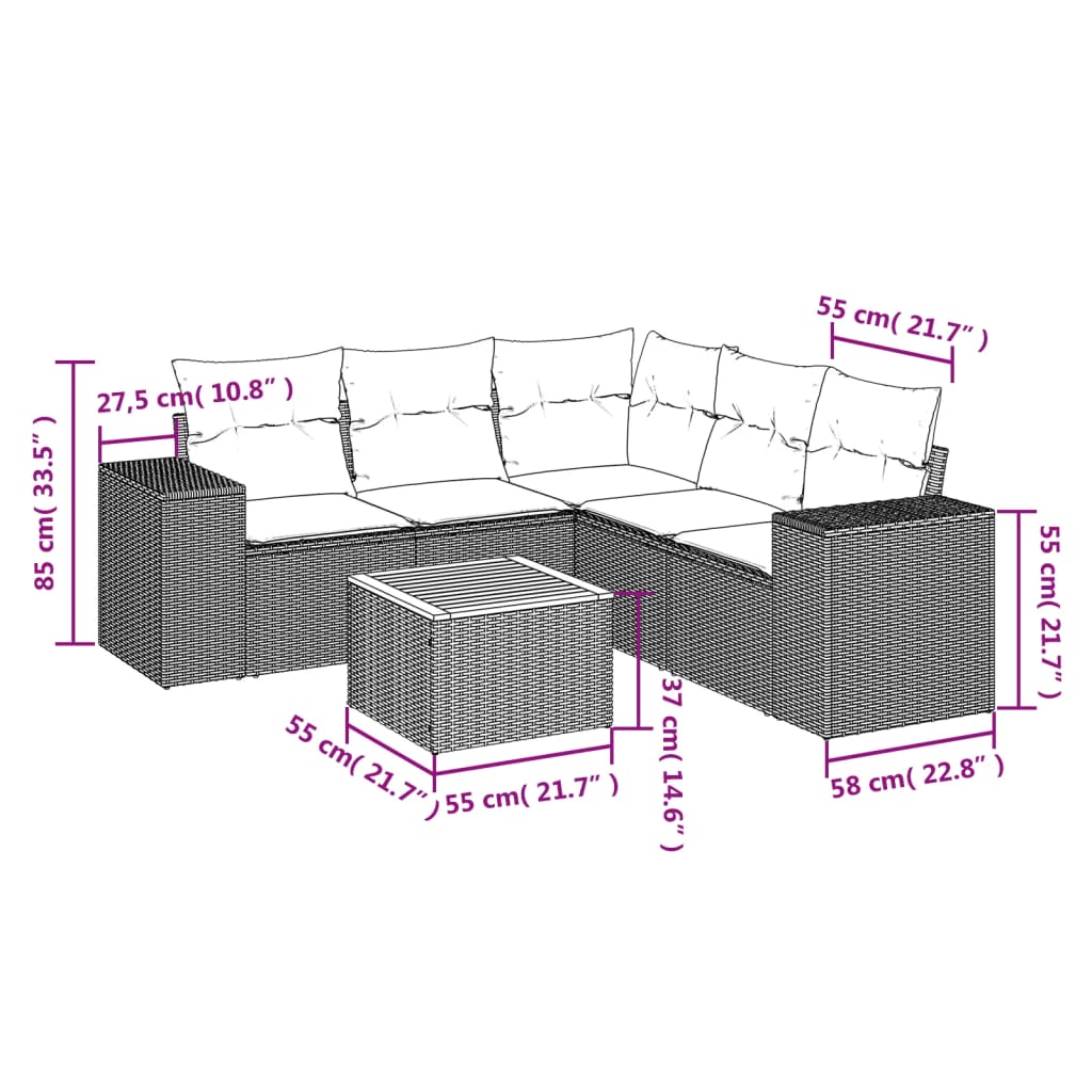 Salon de jardin 6 pcs avec coussins noir résine tressée