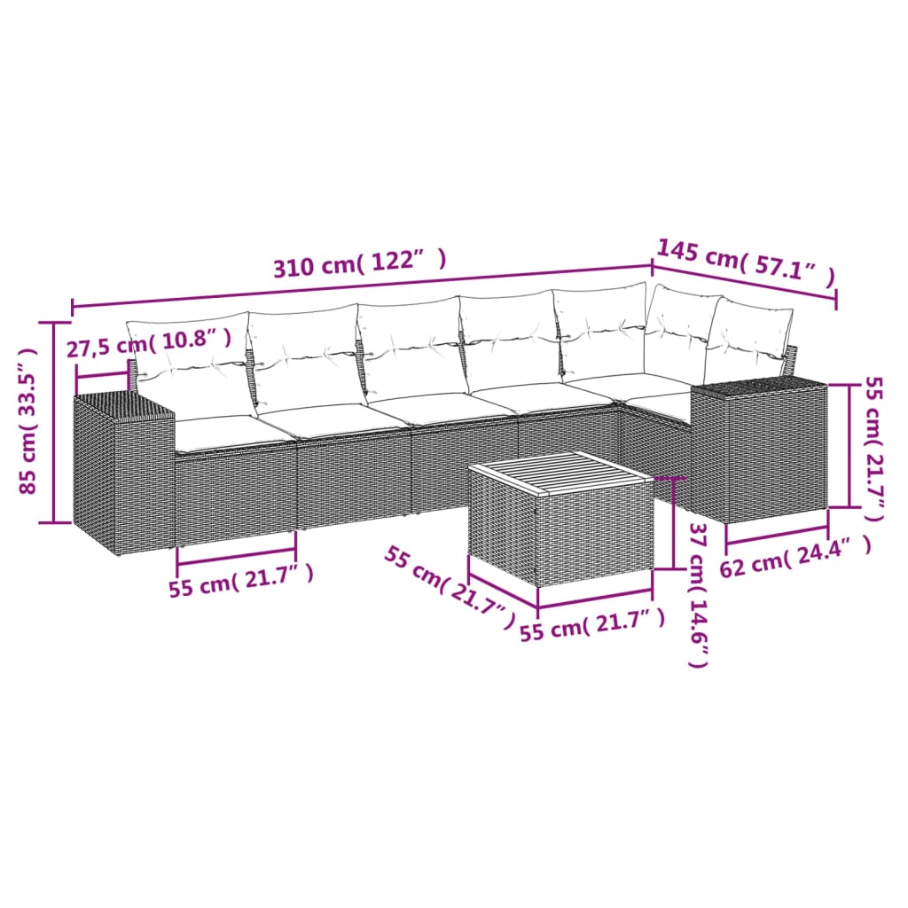 Salon de jardin avec coussins 7 pcs gris résine tressée