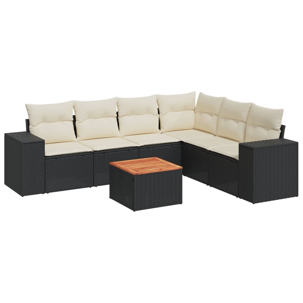 Salon de jardin 7 pcs avec coussins noir résine tressée