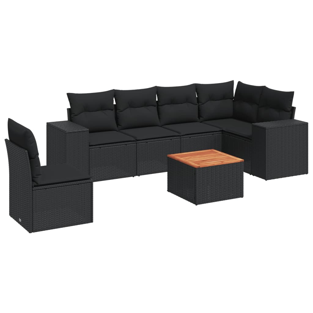 Salon de jardin 7 pcs avec coussins noir résine tressée