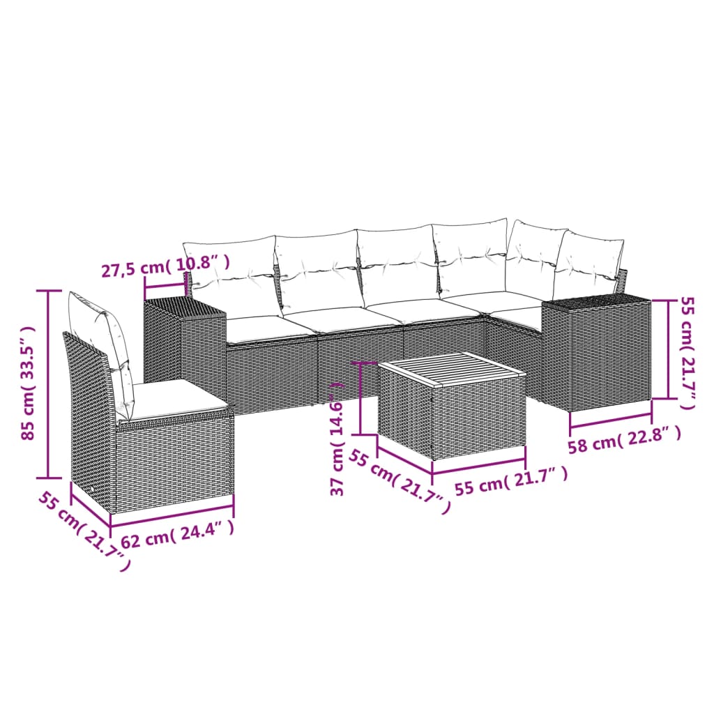 Salon de jardin avec coussins 7 pcs beige résine tressée
