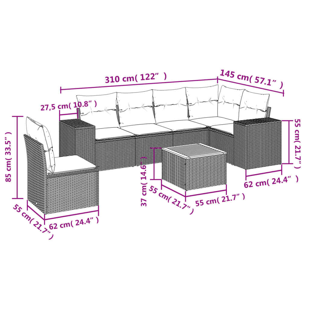Salon de jardin avec coussins 7 pcs gris résine tressée