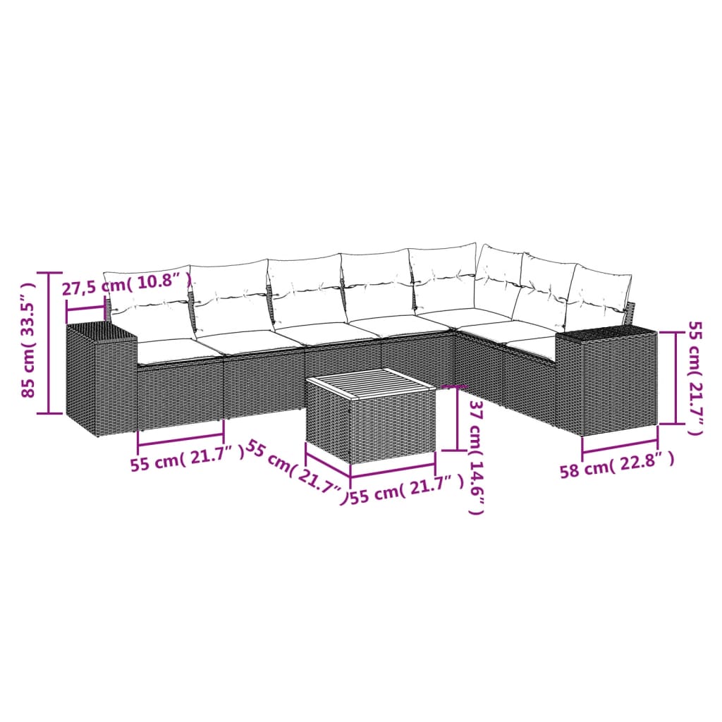 Salon de jardin avec coussins 8 pcs beige résine tressée