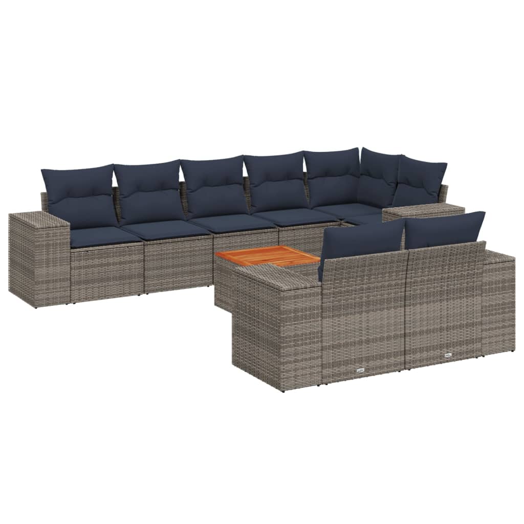 Ensemble de canapé de jardin 9 pcs avec coussins gris résine tressée