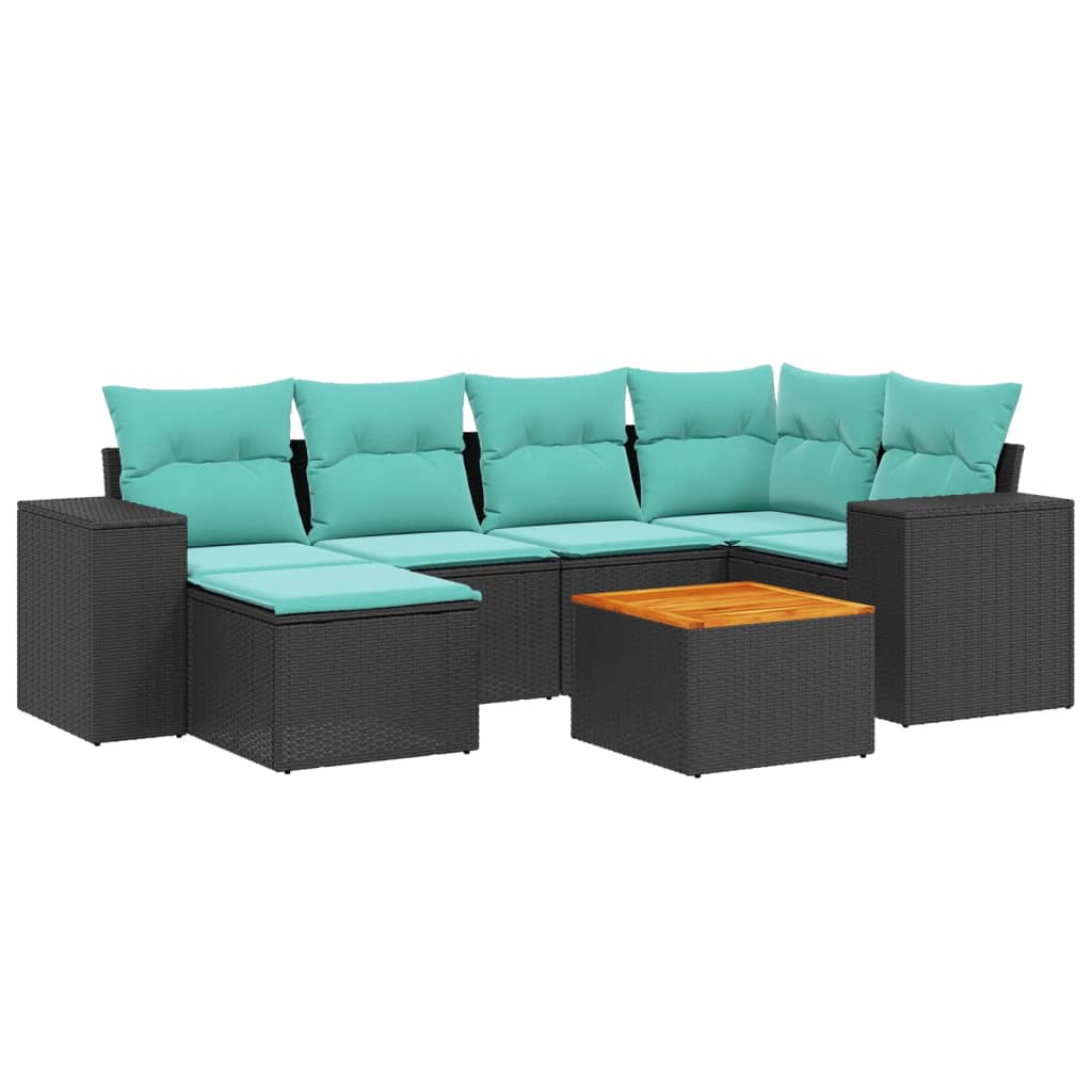 Ensemble de canapé de jardin 7 pcs avec coussins noir résine tressée