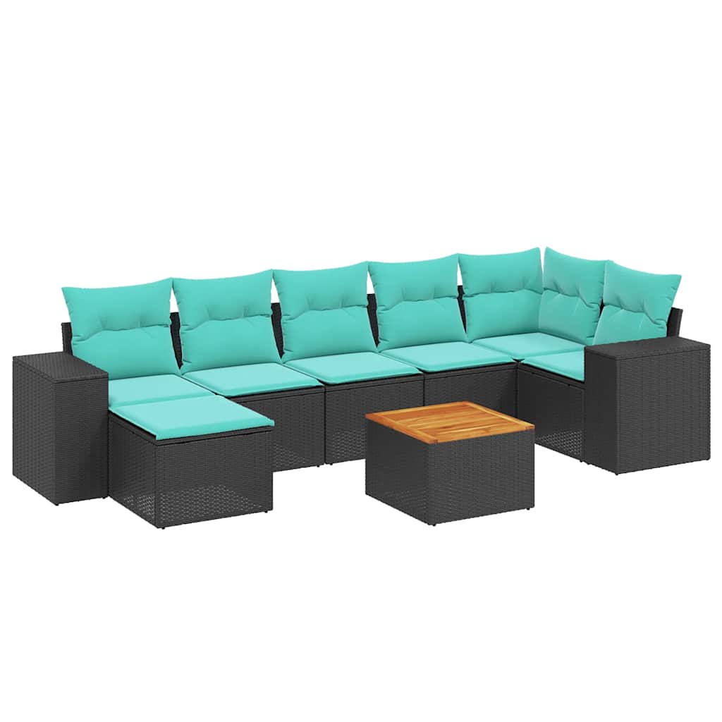 Ensemble de canapé de jardin 8 pcs avec coussins noir résine tressée