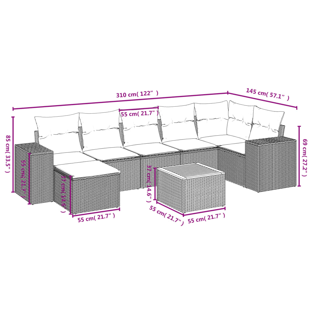 Salon de jardin avec coussins 8 pcs beige résine tressée