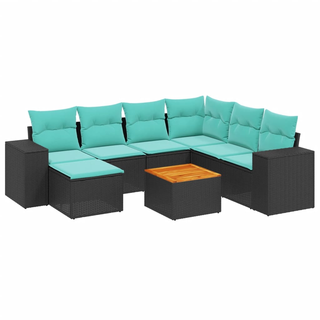 Ensemble de canapé de jardin 8 pcs avec coussins noir résine tressée