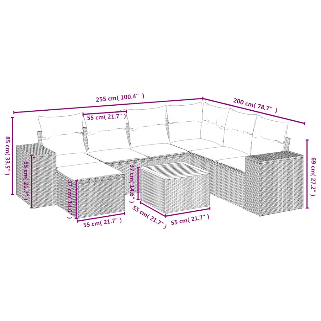 Ensemble de canapé de jardin 8 pcs avec coussins noir résine tressée