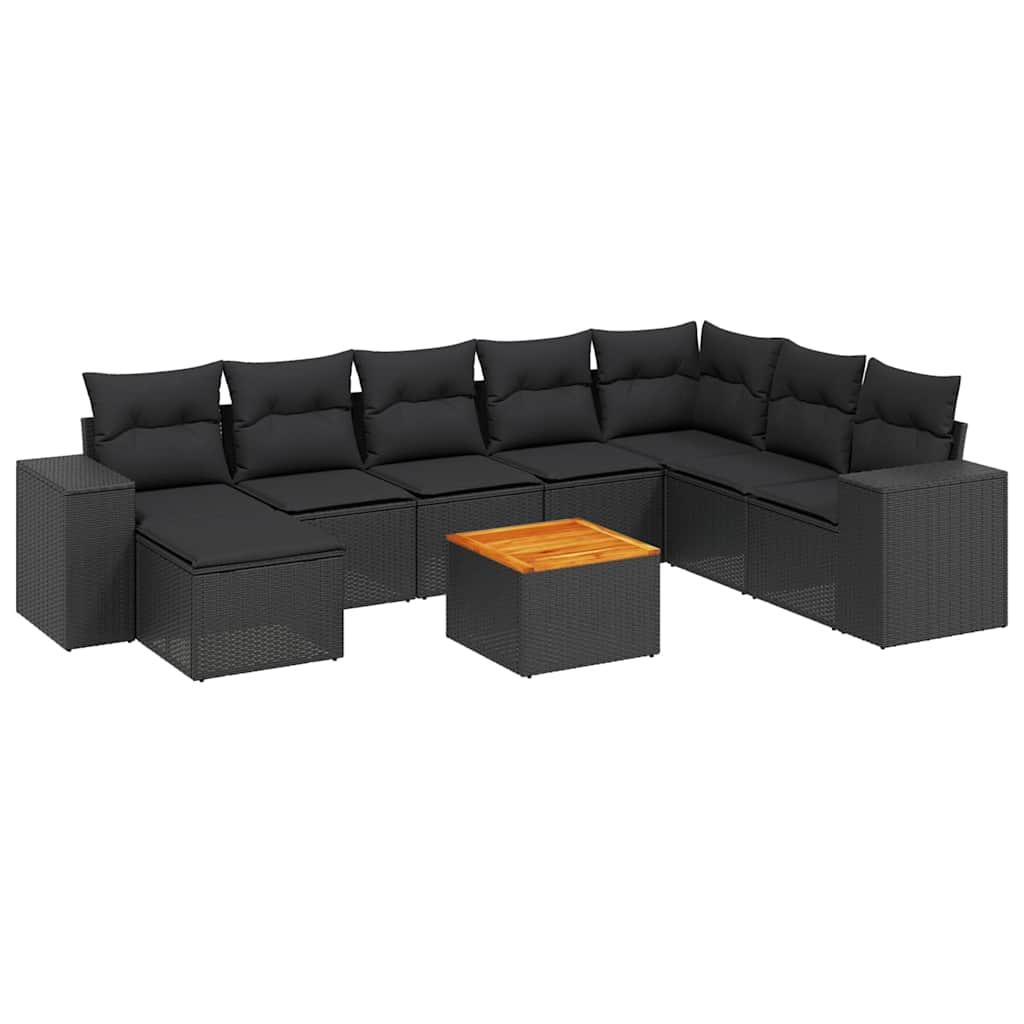 Salon de jardin 9 pcs avec coussins noir résine tressée