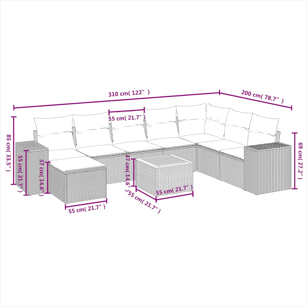 Ensemble de canapé de jardin 9 pcs avec coussins noir résine tressée