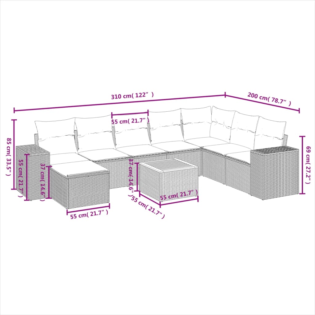 Salon de jardin avec coussins 9 pcs beige résine tressée