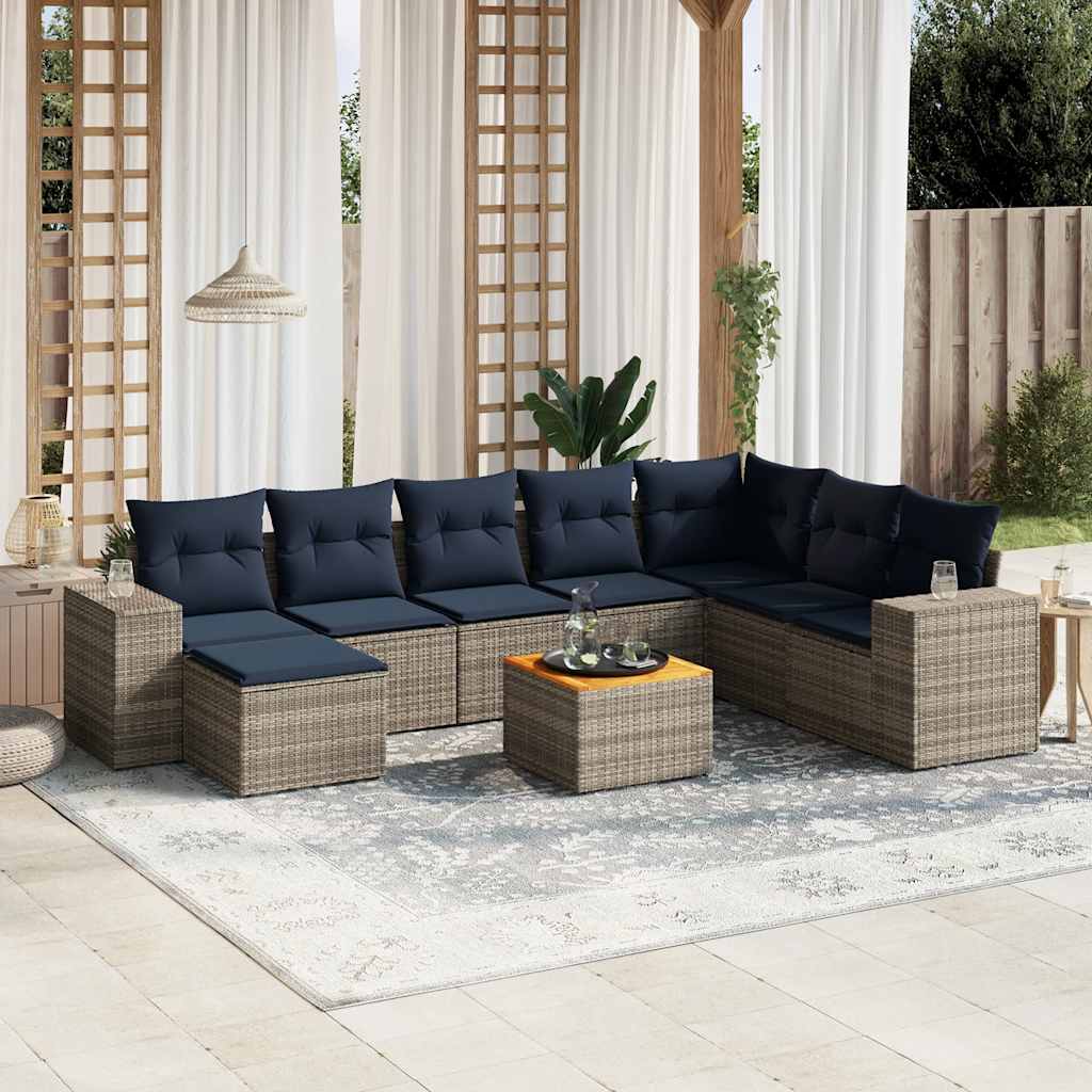 Ensemble de canapé de jardin 9 pcs avec coussins gris résine tressée