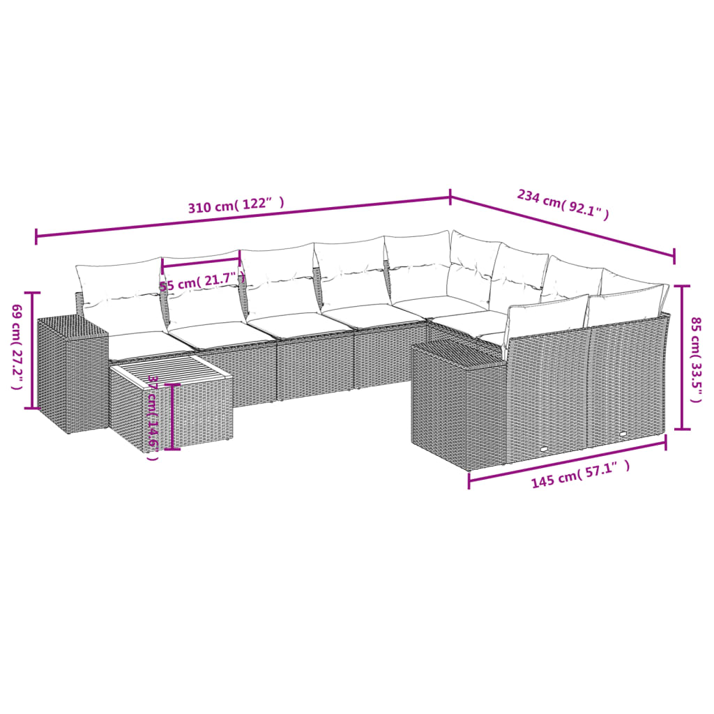 Salon de jardin avec coussins 10 pcs gris résine tressée