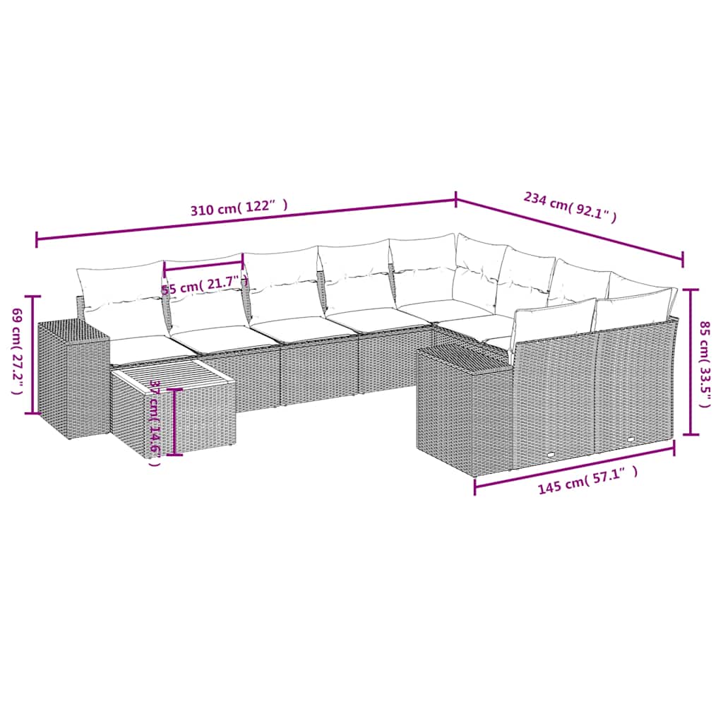 Ensemble de canapé de jardin 10 pcs avec coussins gris résine tressée