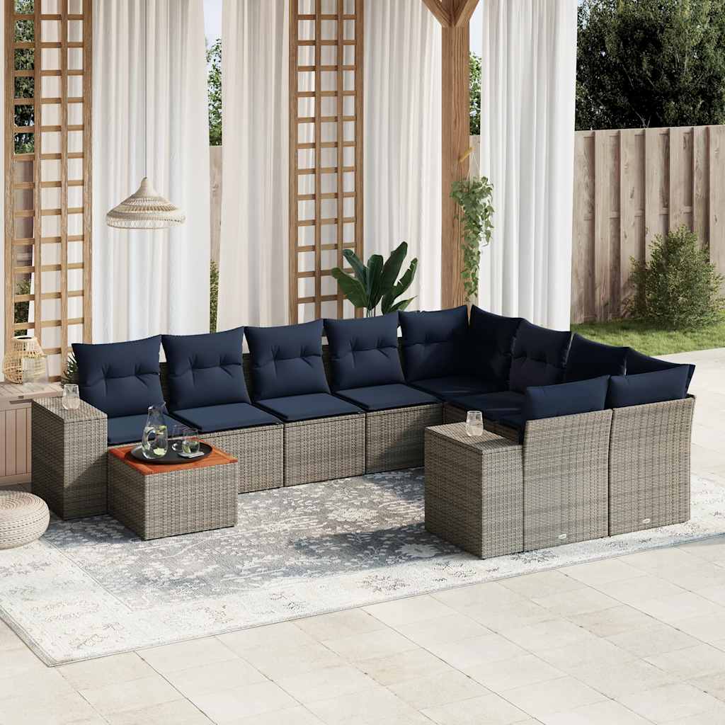 Ensemble de canapé de jardin 10 pcs avec coussins gris résine tressée
