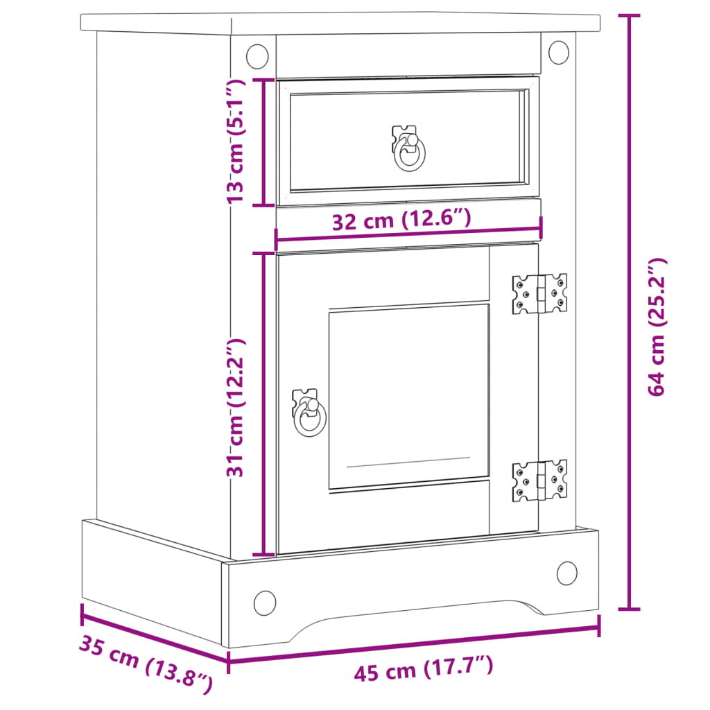 Table de chevet Corona 45x35x64 cm bois de pin massif - XIOS