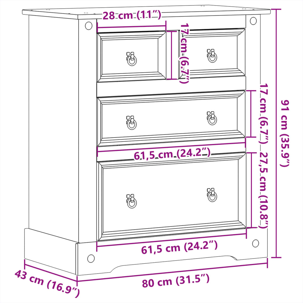 Commode Corona 80x43x91 cm bois massif de pin - XIOS