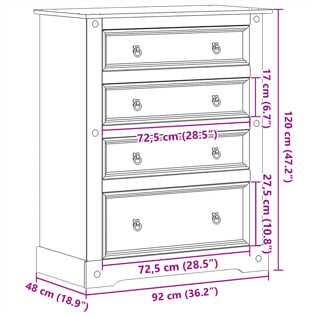 Commode Corona 92x48x120 cm bois massif de pin - XIOS