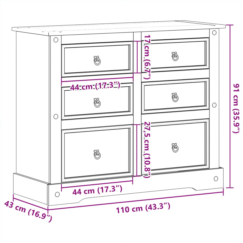 Commode Corona 110x43x91 cm bois massif de pin - XIOS