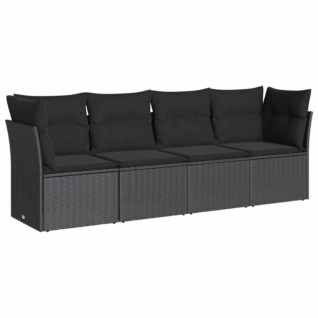 Salon de jardin 4 pcs avec coussins noir résine tressée