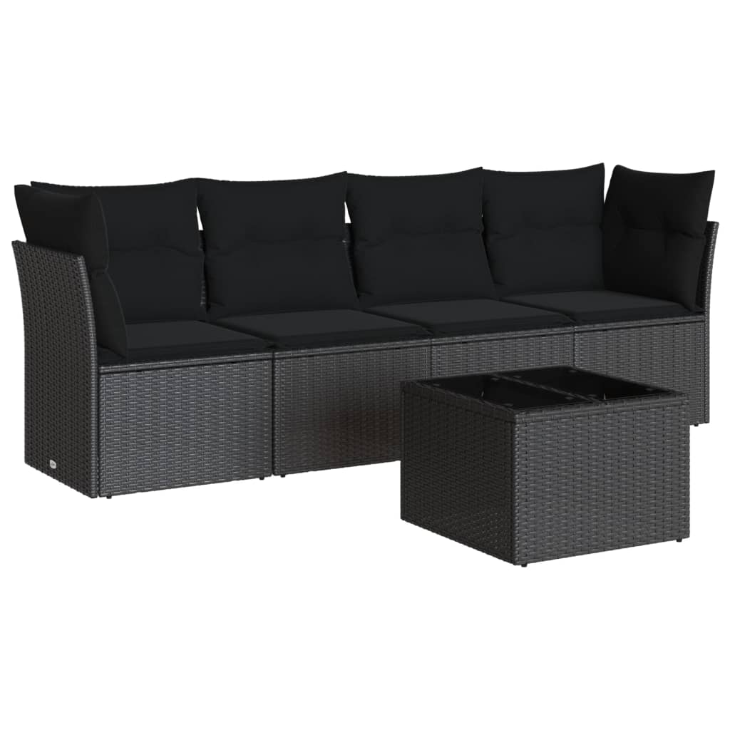 Salon de jardin 5 pcs avec coussins noir résine tressée