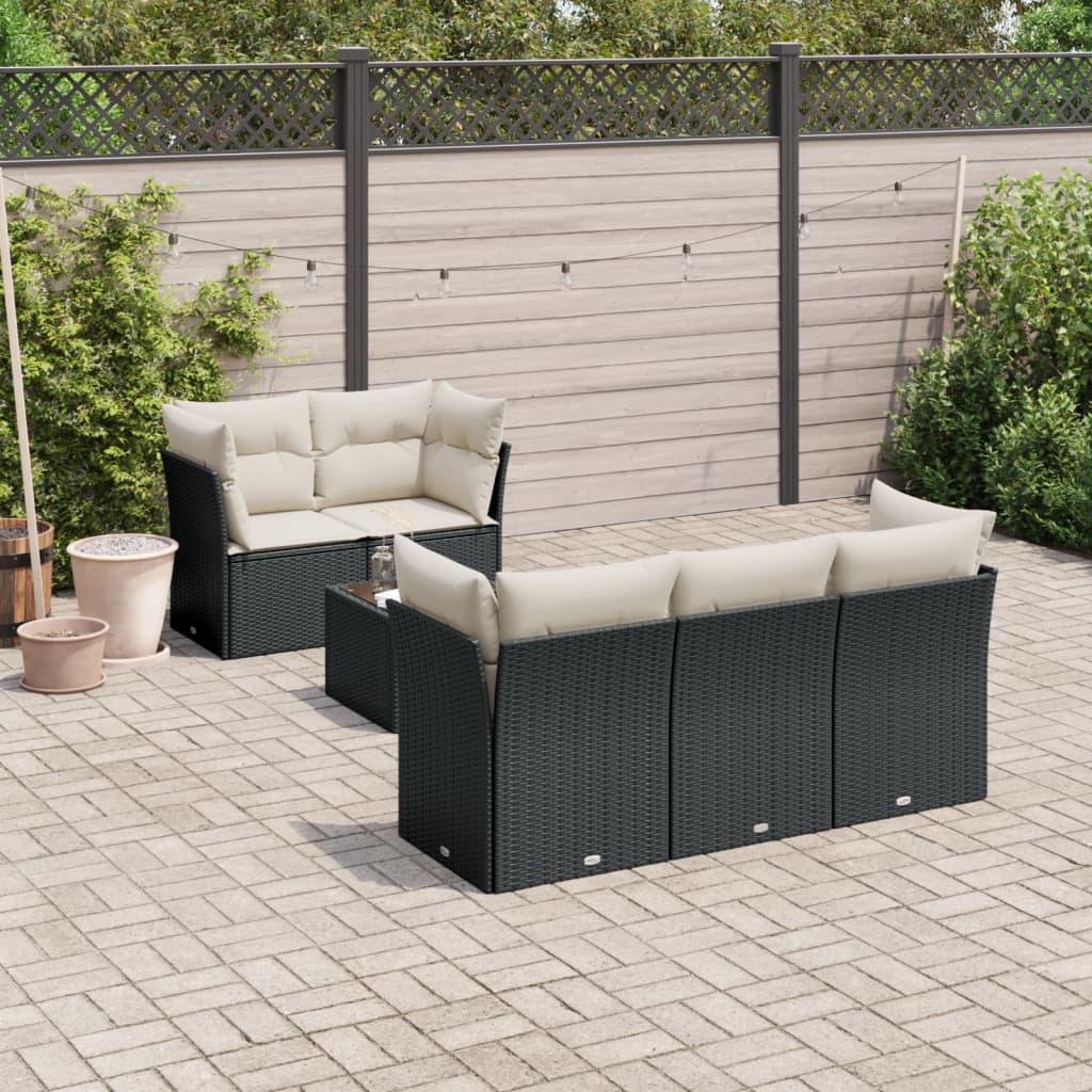 Salon de jardin 6 pcs avec coussins noir résine tressée