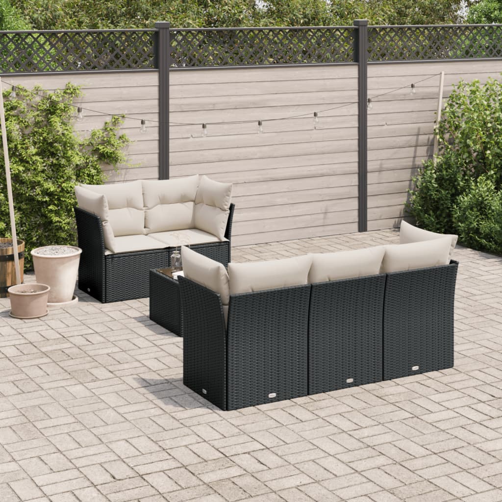 Salon de jardin 7 pcs avec coussins noir résine tressée