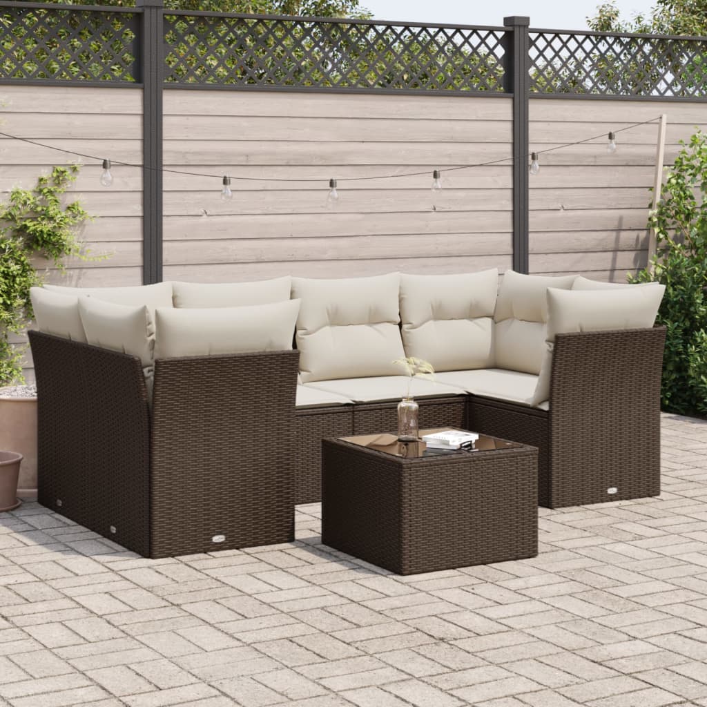 Salon de jardin avec coussins 7 pcs marron résine tressée