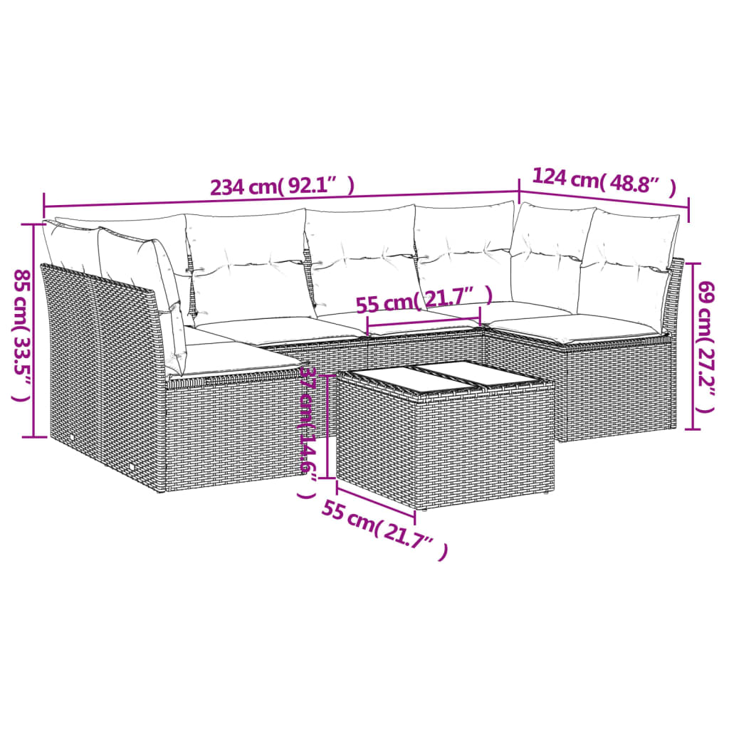Salon de jardin avec coussins 7 pcs gris résine tressée