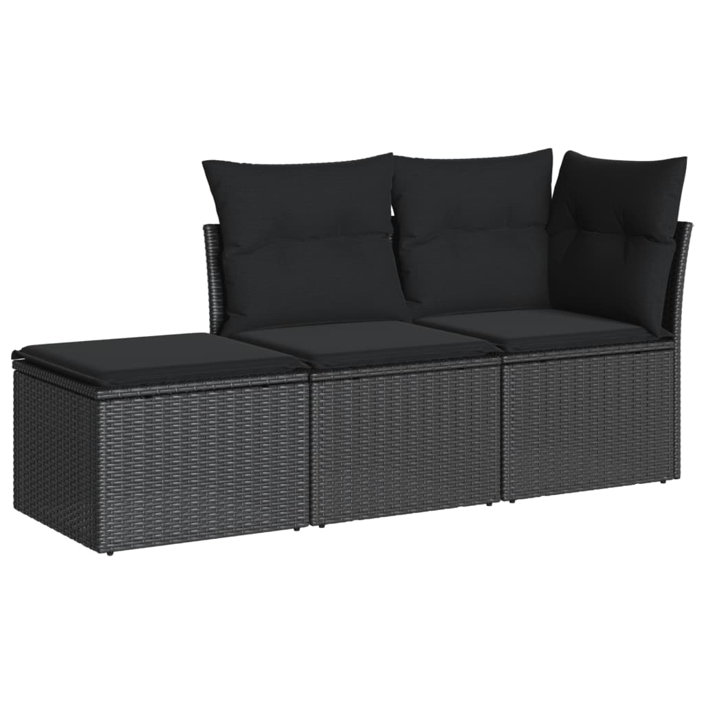 Salon de jardin 3 pcs avec coussins noir résine tressée