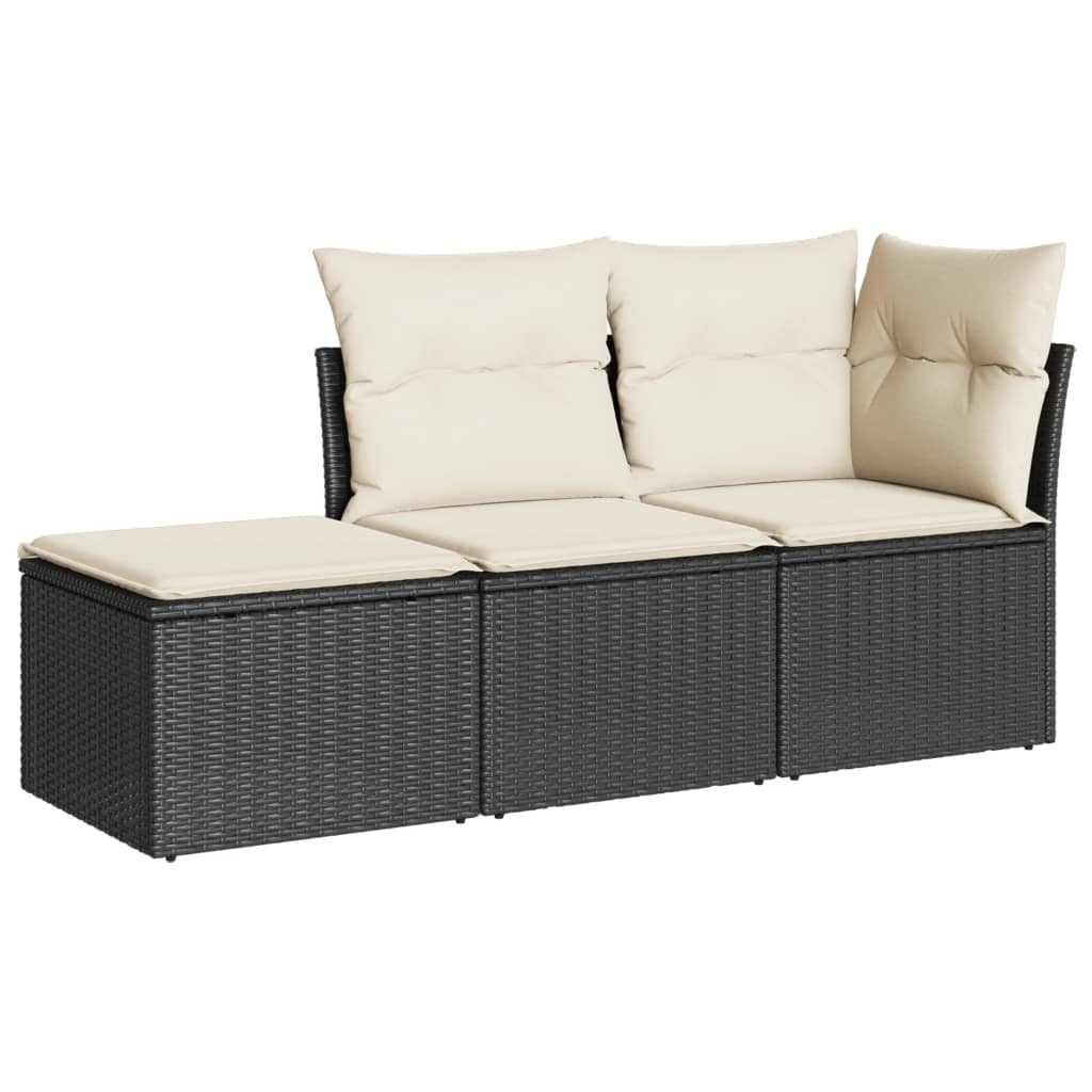 Salon de jardin 3 pcs avec coussins noir résine tressée