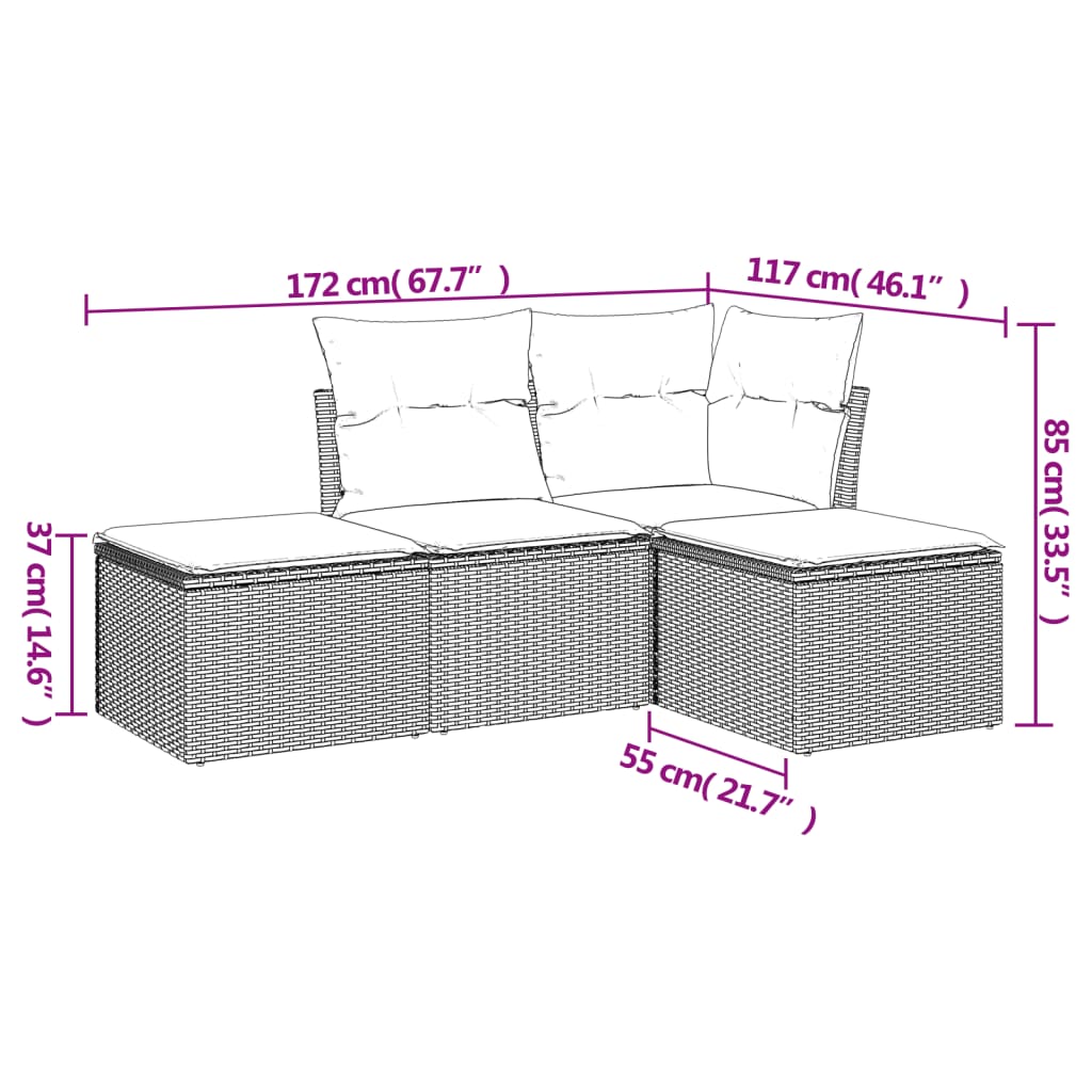 Salon de jardin 4 pcs avec coussins gris résine tressée