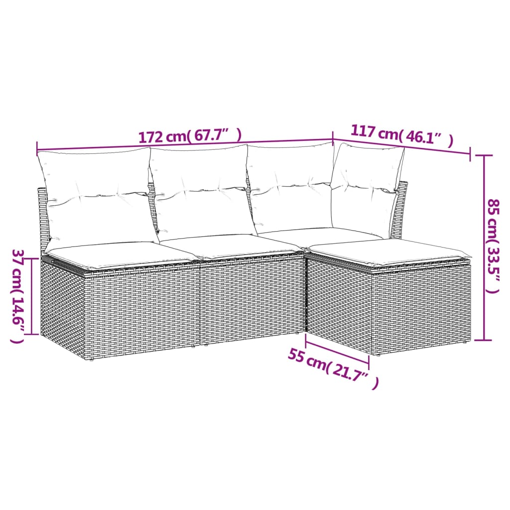 Salon de jardin 4 pcs avec coussins marron résine tressée