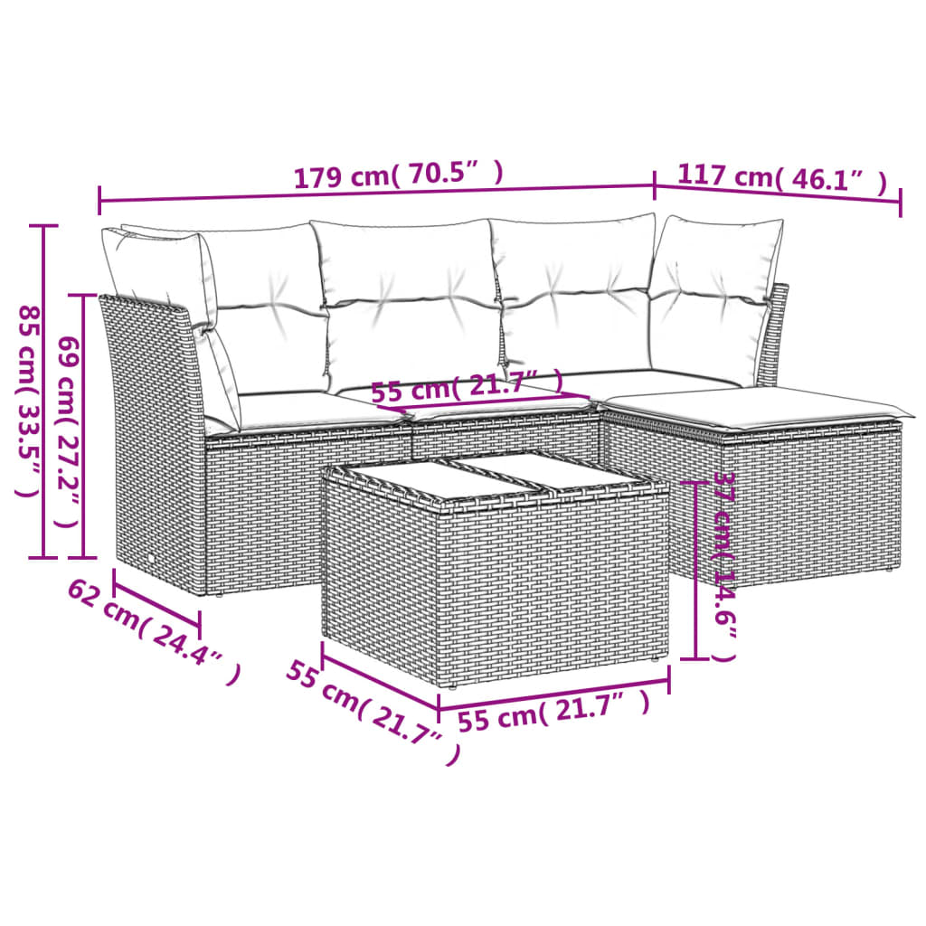 Salon de jardin avec coussins 5 pcs marron résine tressée