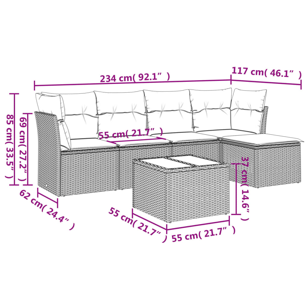 Salon de jardin 6 pcs avec coussins noir résine tressée