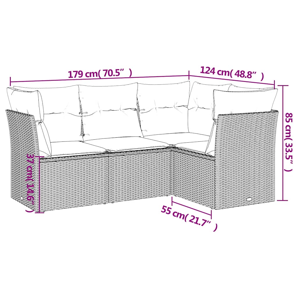 Salon de jardin 4 pcs avec coussins noir résine tressée